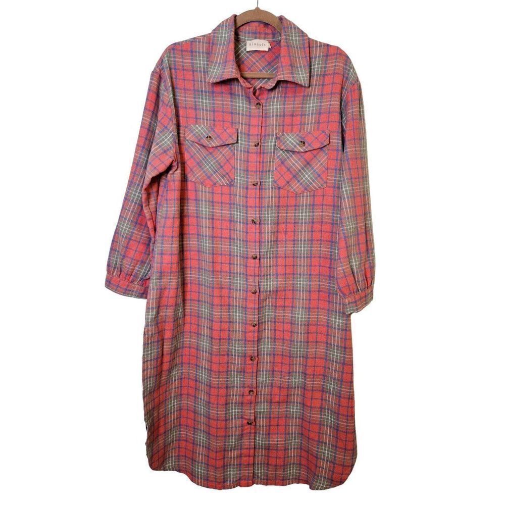 Ninexis coral, blue and gray flannel button down shacket/dress. Size S.